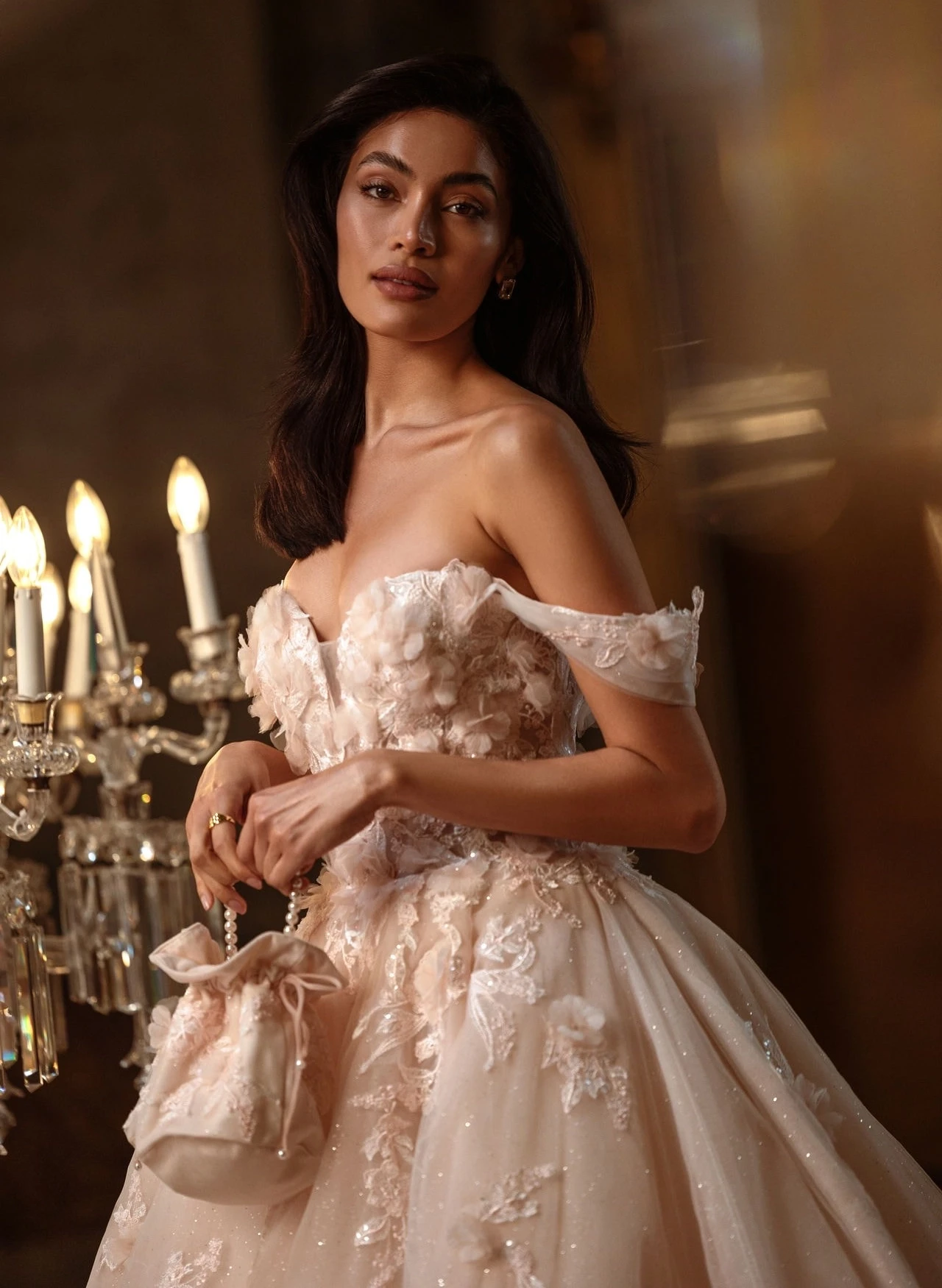 Model wearing white Demetrios Wedding Gown Mobile
